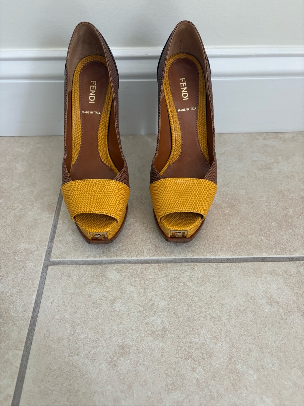 Fendi Brown and Yellow Open-Toe Leather Pumps